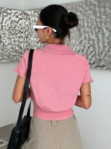 Dazy Designer Polo領插肩袖針織上衣 - 粉色 - 查看 2