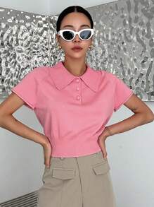 Dazy Designer Polo領插肩袖針織上衣 - 粉色 - 查看 3