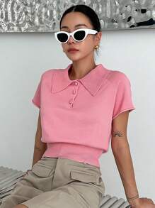 Dazy Designer Polo領插肩袖針織上衣 - 粉色 - 查看 4