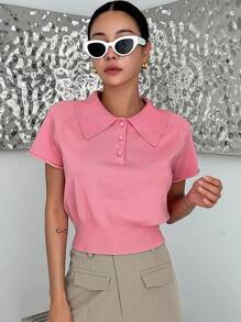 Dazy Designer Polo領插肩袖針織上衣 - 粉色 - 查看 6