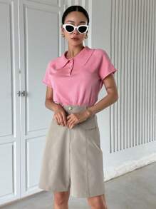 Dazy Designer Polo領插肩袖針織上衣 - 粉色 - 查看 7