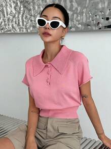 Dazy Designer Polo領插肩袖針織上衣 - 粉色 - 查看 9