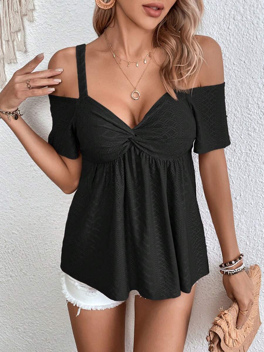 SHEIN Clasi 挖肩前扭結T恤 - 黑色 - 查看 1