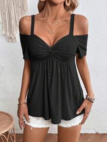 SHEIN Clasi 挖肩前扭結T恤 - 黑色 - 查看 4