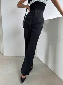 Dazy Designer Women's Plain Pockets Straight Leg Business Casual Pants,Ladies Spring/Fall Elegant Button,Pocket,Zipper Drop Waist Flare Leg Long Black Regular Fit Women Pants,Casual Daily Wear Women Dress Pants