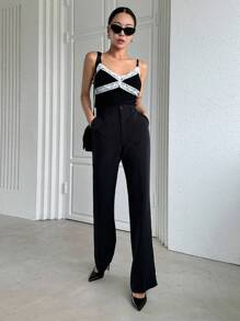 Dazy Designer Women's Plain Pockets Straight Leg Business Casual Pants,Ladies Spring/Fall Elegant Button,Pocket,Zipper Drop Waist Flare Leg Long Black Regular Fit Women Pants,Casual Daily Wear Women Dress Pants