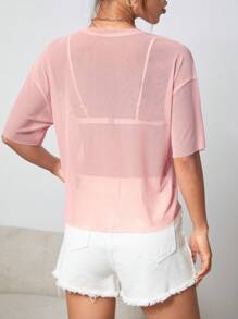 SHEIN PETITE 素色落肩袖短款網紗上衣不附文胸 - 淺粉色 - 查看 2