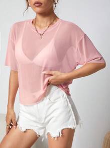 SHEIN PETITE 素色落肩袖短款網紗上衣不附文胸 - 淺粉色 - 查看 3