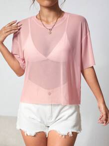 SHEIN PETITE 素色落肩袖短款網紗上衣不附文胸 - 淺粉色 - 查看 4