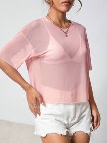 SHEIN PETITE 素色落肩袖短款網紗上衣不附文胸 - 淺粉色 - 查看 5