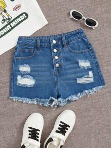 SHEIN Teen Girl Ripped Raw Hem Denim Shorts - Medium Wash - View 1
