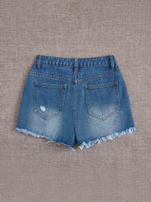 SHEIN Teen Girl Ripped Raw Hem Denim Shorts - Medium Wash - View 2