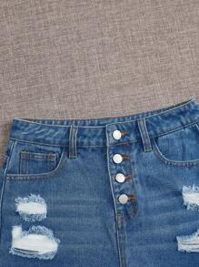 SHEIN Teen Girl Ripped Raw Hem Denim Shorts - Medium Wash - View 3