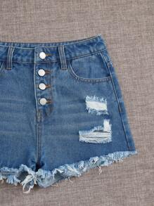 SHEIN Teen Girl Ripped Raw Hem Denim Shorts - Medium Wash - View 4