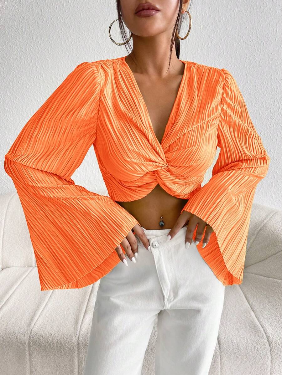 SHEIN Privé 前扭結喇叭袖短款上衣 - 橘色 - 查看 1