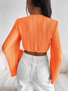 SHEIN Privé 前扭結喇叭袖短款上衣 - 橘色 - 查看 2