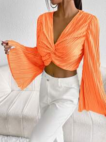 SHEIN Privé 前扭結喇叭袖短款上衣 - 橘色 - 查看 3