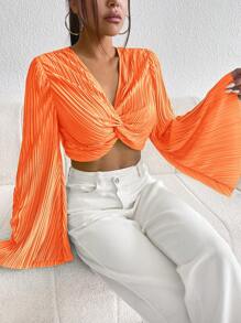 SHEIN Privé 前扭結喇叭袖短款上衣 - 橘色 - 查看 4