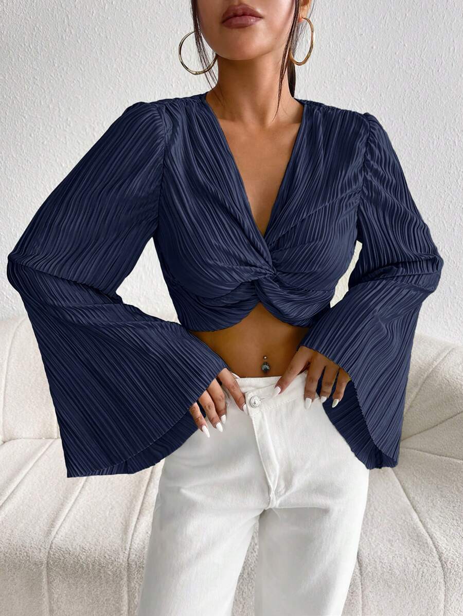 SHEIN Privé 前扭結喇叭袖短款上衣 - 藏蓝色 - 查看 1