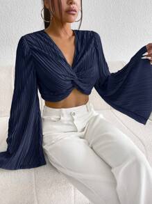 SHEIN Privé 前扭結喇叭袖短款上衣 - 藏蓝色 - 查看 3