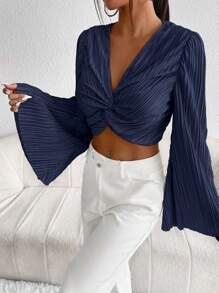 SHEIN Privé 前扭結喇叭袖短款上衣 - 藏蓝色 - 查看 4