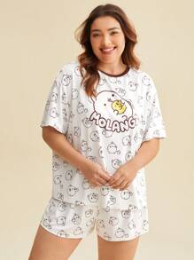 SHEIN X MOLANG Plus Cartoon & Letter Graphic Drop Shoulder Tee & Shorts PJ Set - Multicolor - View 1