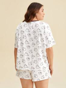 SHEIN X MOLANG Plus Cartoon & Letter Graphic Drop Shoulder Tee & Shorts PJ Set - Multicolor - View 2