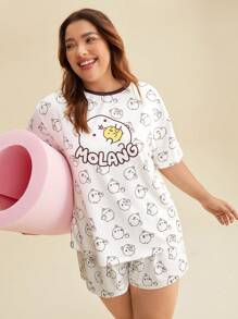 SHEIN X MOLANG Plus Cartoon & Letter Graphic Drop Shoulder Tee & Shorts PJ Set - Multicolor - View 3