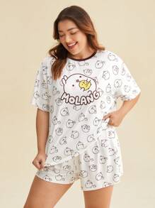 SHEIN X MOLANG Plus Cartoon & Letter Graphic Drop Shoulder Tee & Shorts PJ Set - Multicolor - View 4