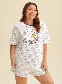 SHEIN X MOLANG Plus Cartoon & Letter Graphic Drop Shoulder Tee & Shorts PJ Set - Multicolor - View 5