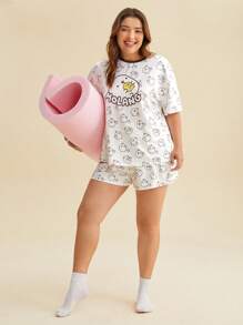 SHEIN X MOLANG Plus Cartoon & Letter Graphic Drop Shoulder Tee & Shorts PJ Set - Multicolor - View 6