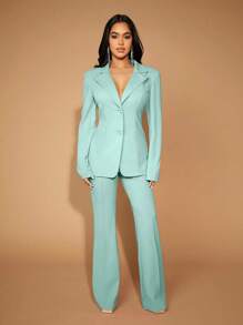 SHEIN SXY 前接縫闊腿褲 - 薄荷藍 - 查看 3