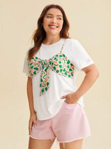 SHEIN X MOLANG Áo thun Plus size Thắt nơ trước Hoạt hình Lá thư Giải trí - Nhiều màu - Xem 3
