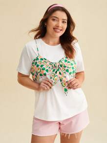 SHEIN X MOLANG Áo thun Plus size Thắt nơ trước Hoạt hình Lá thư Giải trí - Nhiều màu - Xem 4
