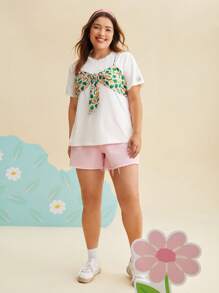 SHEIN X MOLANG Áo thun Plus size Thắt nơ trước Hoạt hình Lá thư Giải trí - Nhiều màu - Xem 8