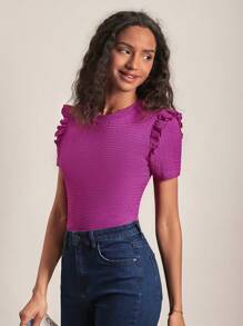 SHEIN Frenchy 素色荷葉邊T恤 - 中紫紅色 - 查看 1