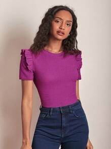 SHEIN Frenchy 素色荷葉邊T恤 - 中紫紅色 - 查看 3