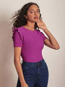 SHEIN Frenchy 素色荷葉邊T恤 - 中紫紅色 - 查看 5