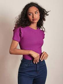 SHEIN Frenchy 素色荷葉邊T恤 - 中紫紅色 - 查看 6