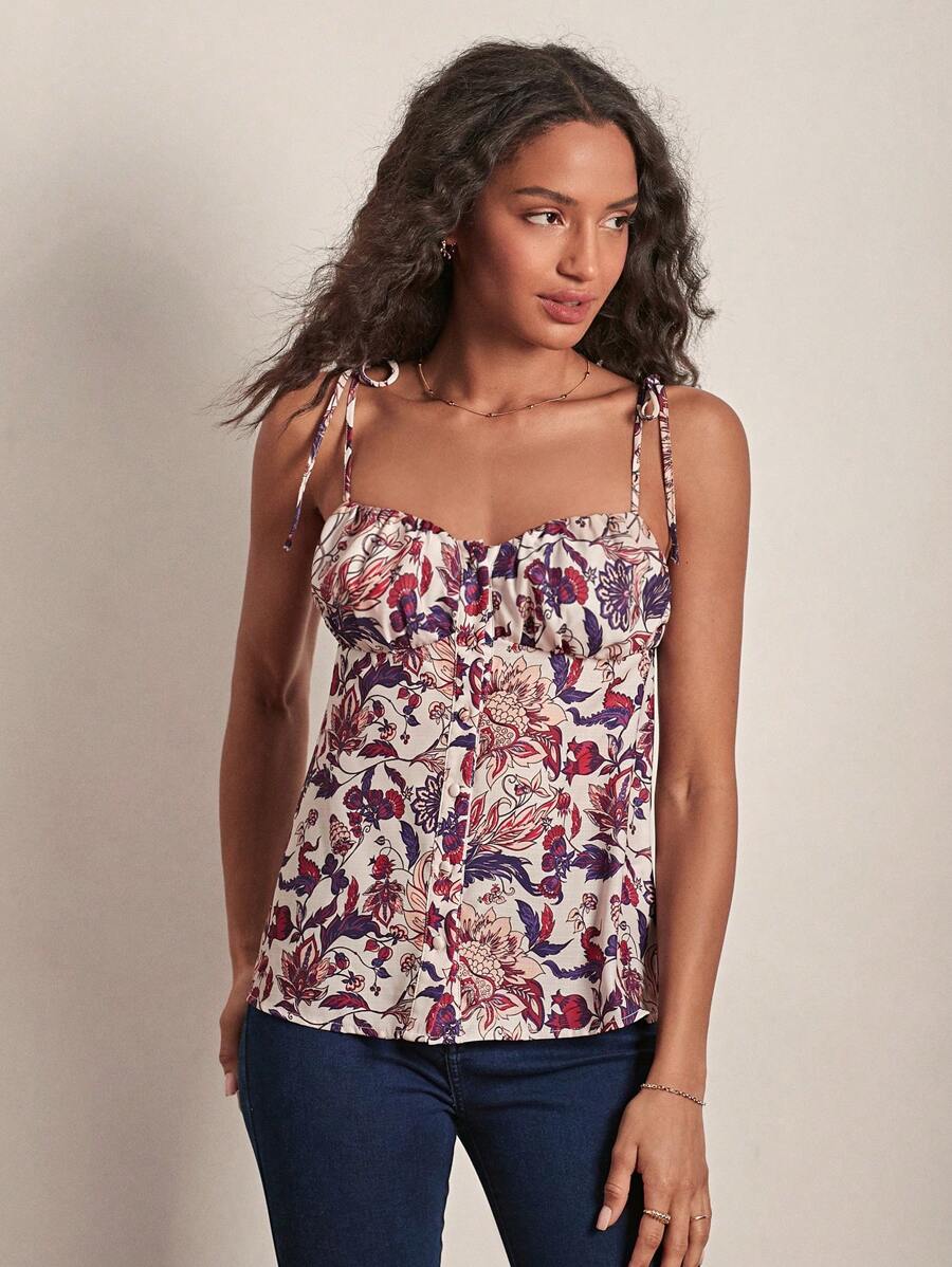 SHEIN Frenchy Áo khoác và áo lót dành cho xe tăng nữ Thắt nút Nút phía trước Nếp gấp Phần Ngực Bộ lạc Boho - Nhiều màu - Xem 1