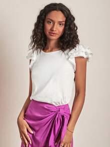 SHEIN Frenchy Solid Ruffle Trim Tee - White - View 1
