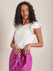 SHEIN Frenchy Solid Ruffle Trim Tee - White - View 4