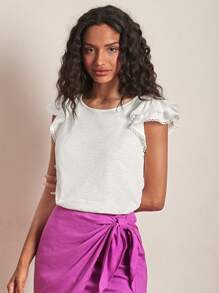 SHEIN Frenchy Solid Ruffle Trim Tee - White - View 5