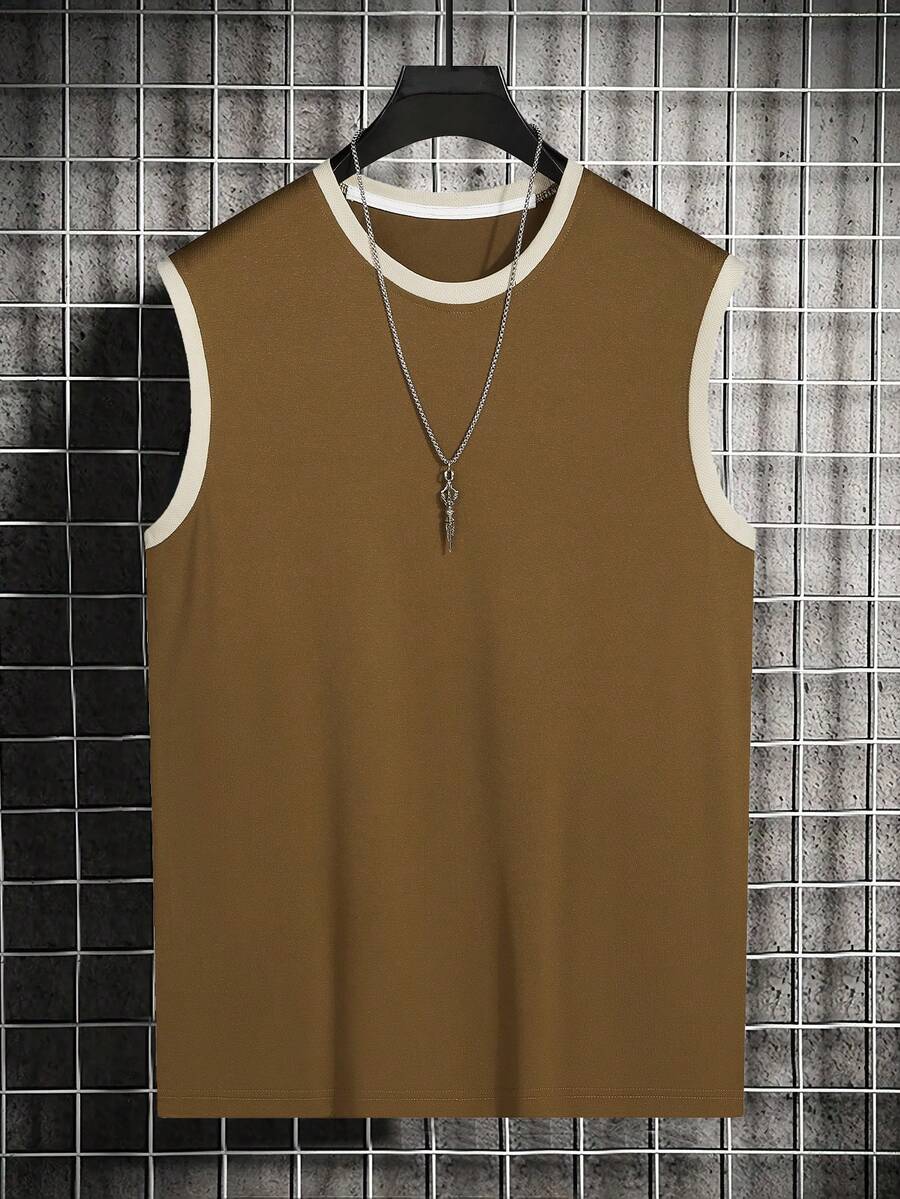 Manfinity Homme Men Contrast Binding Tank Top - Coffee Brown - View 1