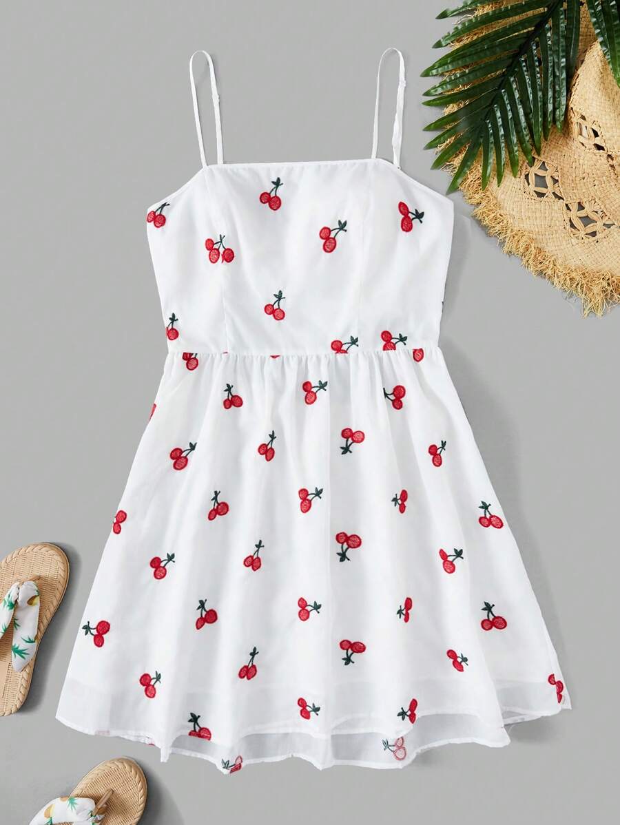 Dreamara Đầm Plus Size Lộ Lưng Buộc lại Thêu Tất cả trên in Rau quả Gợi cảm - trắng - Xem 1