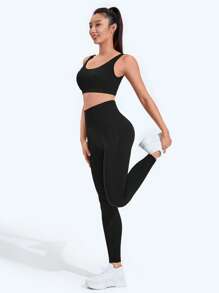 Easithlete スポーツスタジオ レディース ハイウエスト シームレス スリムレギンス - 弾力性のある柔らかな触り心地の通気性抜群4方向ストレッチ素材、ランニング、サイクリング、ヨガ、ピックルボール、エクササイズ、カジュアルに使えます - ブラック - チェックする 1