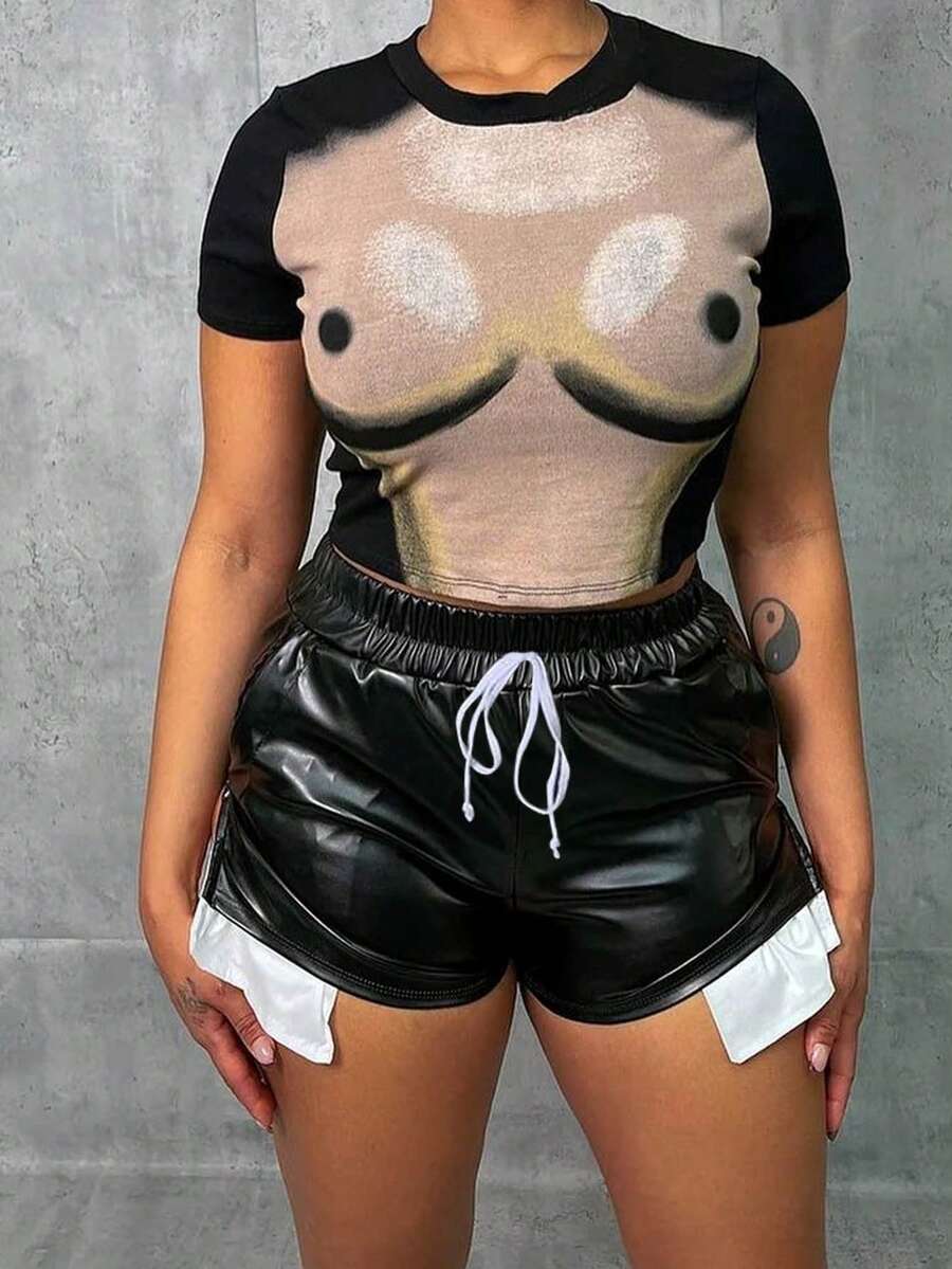 Drawstring Waist PU Leather Shorts - Black - View 1