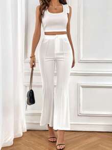SHEIN Privé Pantalones de cintura alta con pierna campana - Blanco - Ver 4