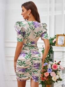 Aveloria Floral Print Ruched Bodycon Dress