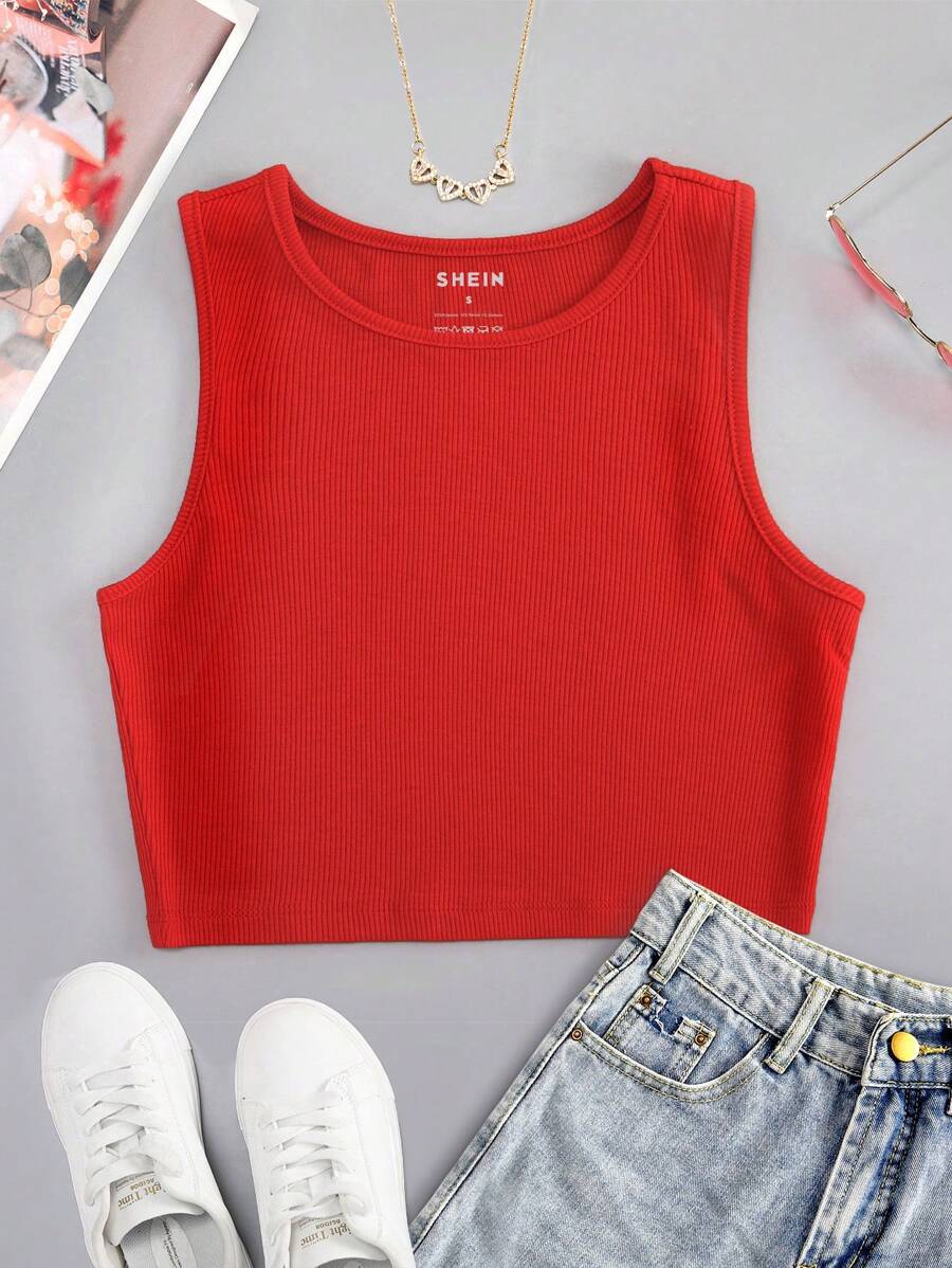 INAWLY Solid Crop Tank Top - Red - View 1